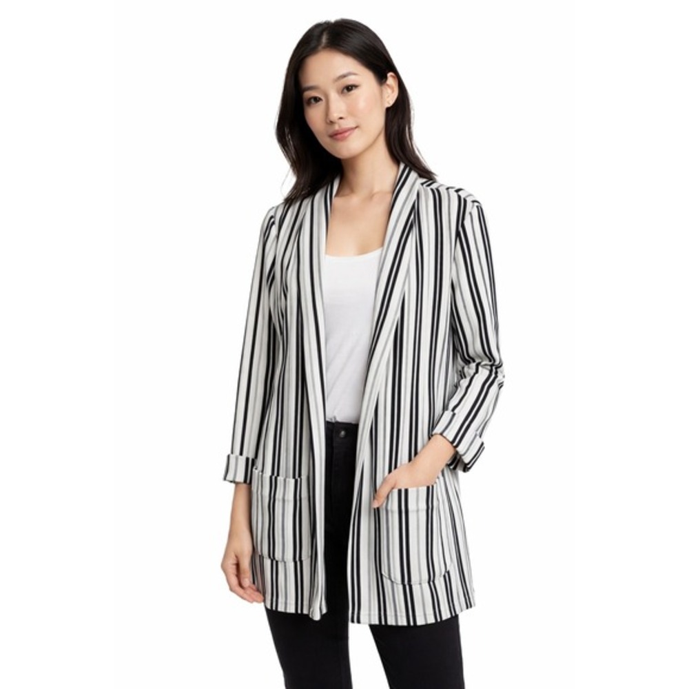 Amisu Striped Open Front Blazer Jacket Black White Size 10 RN149557
